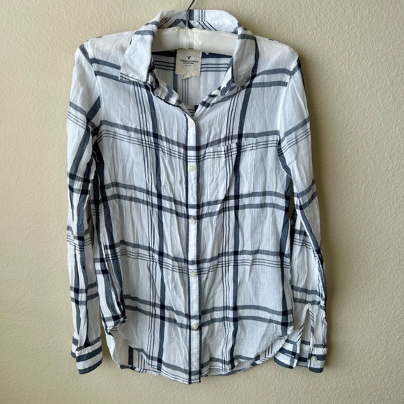 Button-up Shirt Long Sleeve White Dark Gray Plaid by American Eagle Size XS - Picture 12 of 12